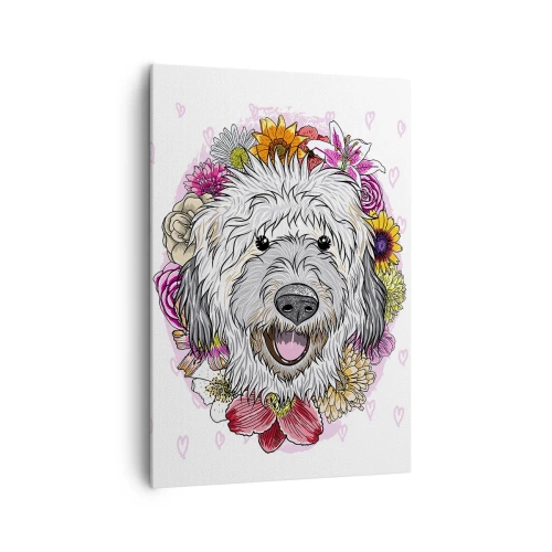 Obraz na płótnie - Pies w otoczeniu kolorowych kwiatów - 70x100cm - Szczenięca radość - Nowoczesna dekoracja ścienna do salonu i sypialni ARTTOR