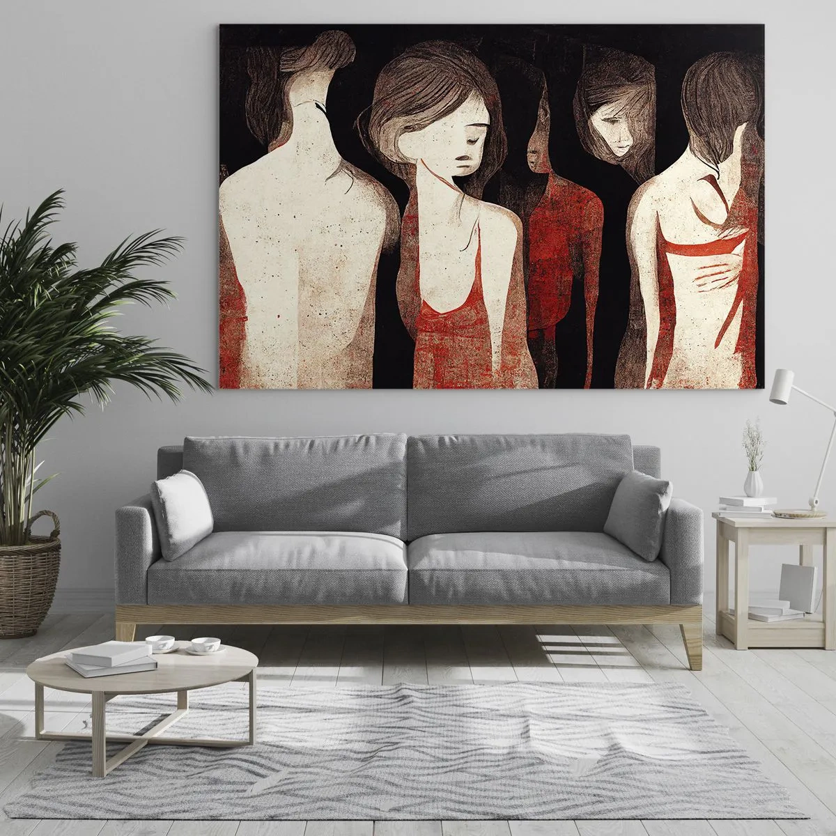 Obraz na szkle - Abstrakcyjne kobiece sylwetki w czerwieni na czarnym tle - 100x70cm - Madonny z ciemności - Nowoczesna dekoracja ścienna do salonu, kuchni i sypialni ARTTOR