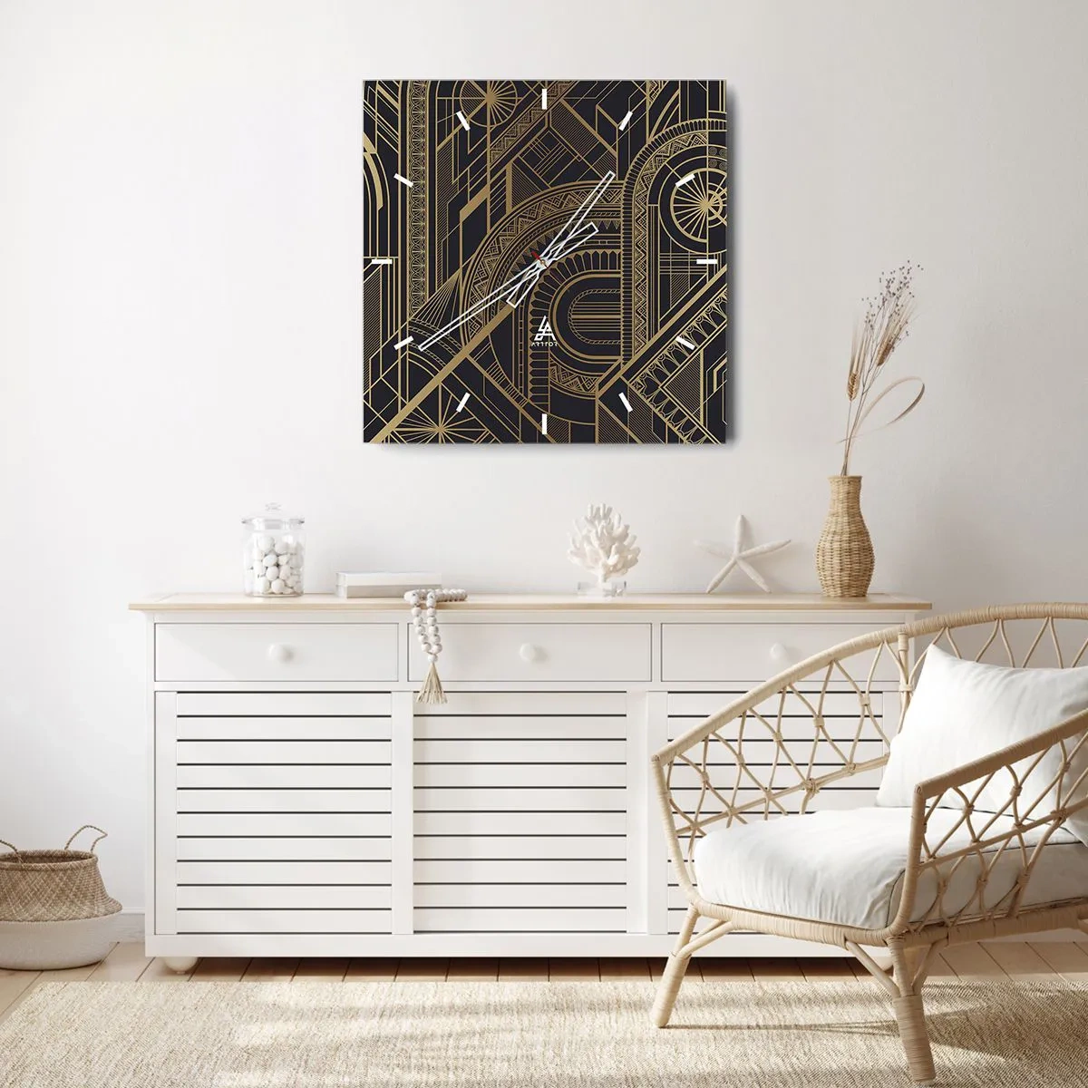 Zegar ścienny - Złote geometryczne wzory na czarnym tle w stylu art deco - 30x30cm - Koncepty, idee, plany - Nowoczesna dekoracja ścienna do salonu i sypialni ARTTOR