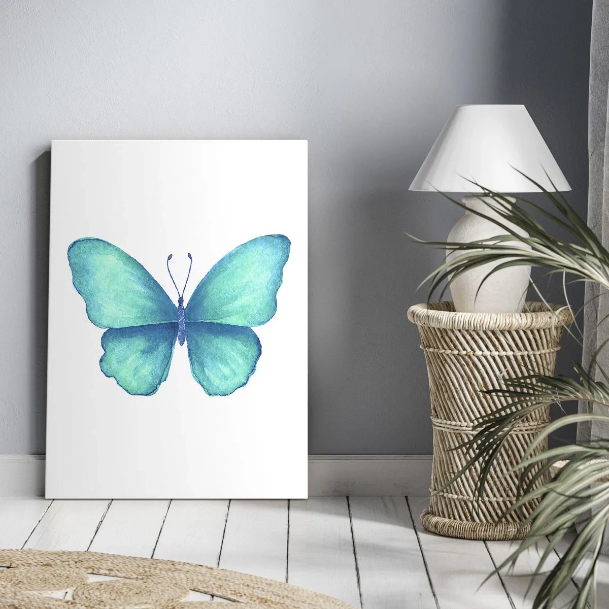 Obraz na płótnie - Akwarelowy niebieski motyl na białym tle - 50x70cm - Turkusowy z natury - Nowoczesna dekoracja ścienna do salonu, kuchni i sypialni ARTTOR
