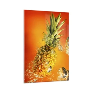 Obraz na szkle - Ananas zanurzony w wodzie na tle pomarańczowego gradientu - 80x120cm - Tropikalna soczysta świeżość - Nowoczesna dekoracja ścienna do salonu i sypialni ARTTOR