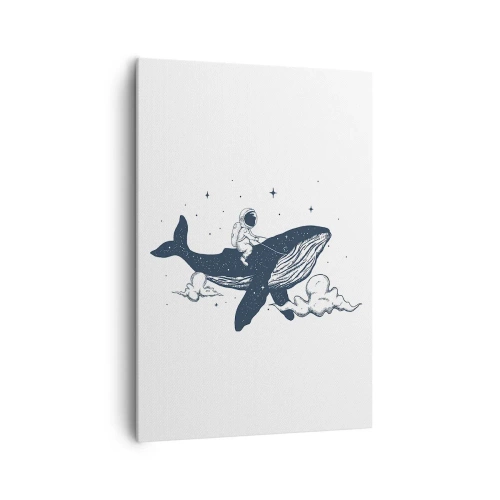 Obraz na płótnie - Astronauta na wielorybie unoszącym się w kosmosie - 70x100cm - Kosmiczna przygoda - Nowoczesna dekoracja ścienna do salonu i sypialni ARTTOR