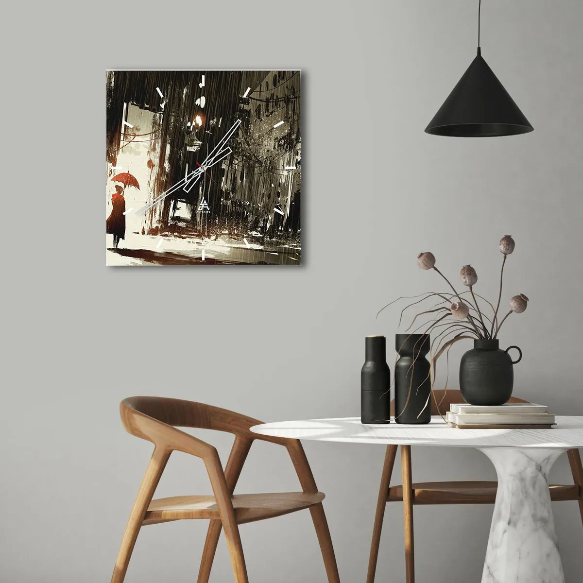Zegar ścienny - Czerwona postać z parasolem w deszczowej scenerii - 30x30cm - Poezja czerwonego parasola - Nowoczesna dekoracja ścienna do salonu i sypialni ARTTOR