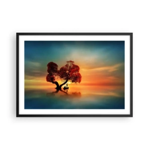 Plakat w czarnej ramie - Drzewo o czerwonych liściach i łódź na wodzie o zachodzie słońca - 70x50cm - Oddaleńcy i ciszyzna bezświata - Nowoczesna dekoracja ścienna do salonu i sypialni ARTTOR