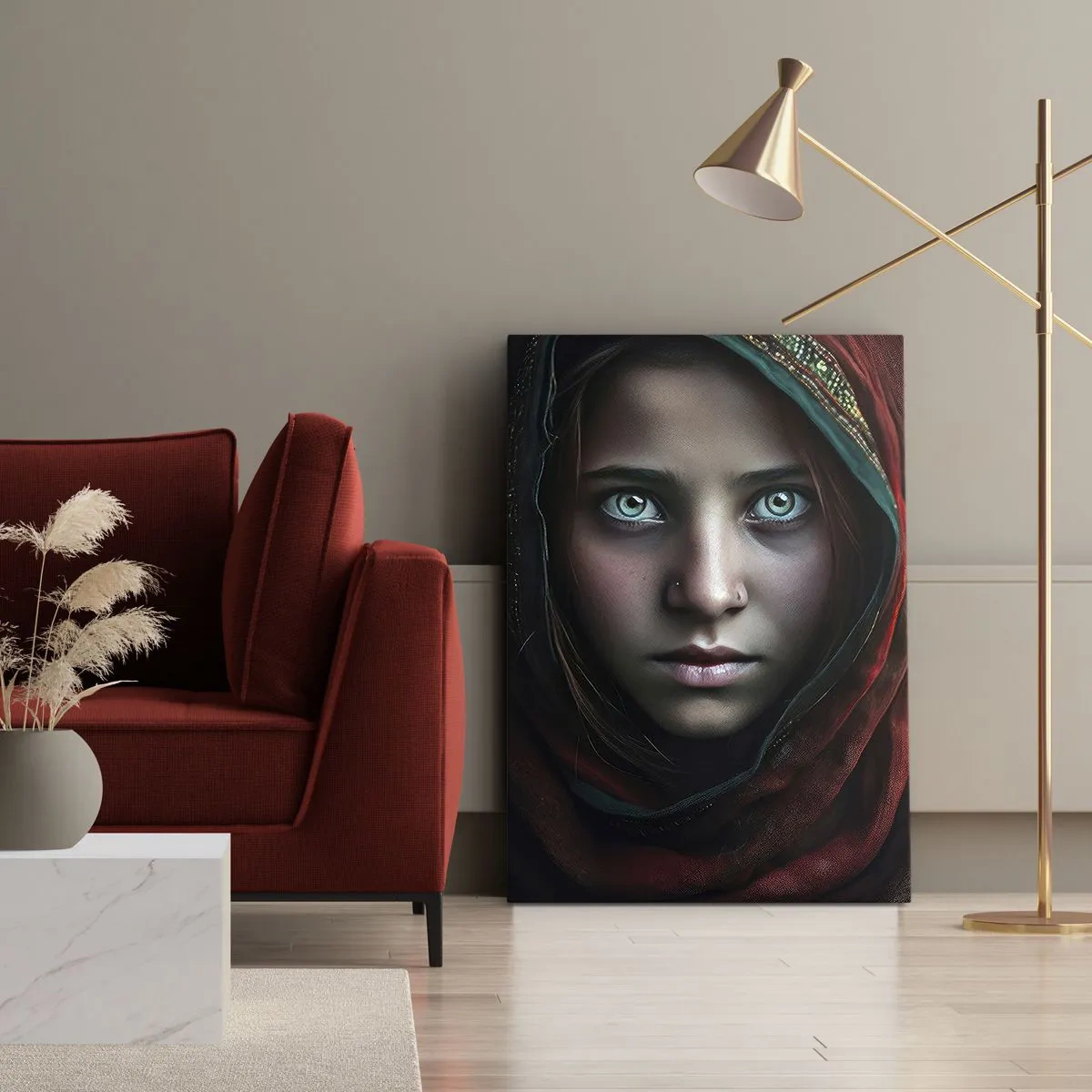 Obraz na płótnie - Portret kobiety o hipnotyzujących oczach w czerwonej chuście - 50x70cm - Wschodnia księżniczka - Nowoczesna dekoracja ścienna do salonu, kuchni i sypialni ARTTOR