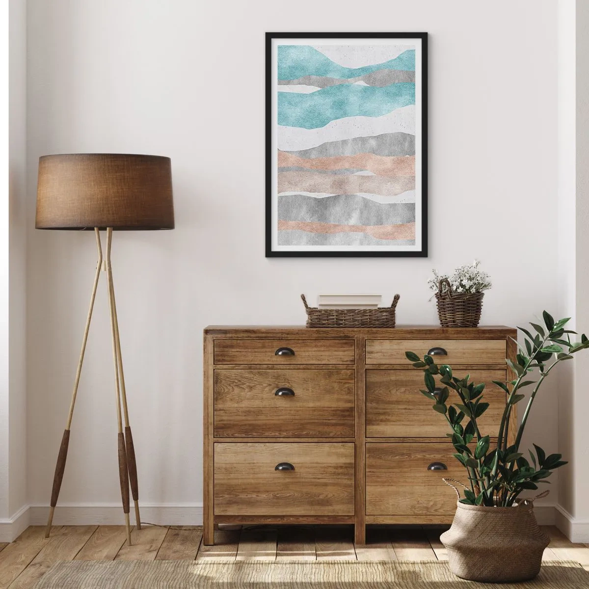 Plakat w czarnej ramie - Minimalistyczne fale w odcieniach błękitu i beżu - 50x70cm - Studium bliskości - Nowoczesna dekoracja ścienna do salonu i sypialni ARTTOR