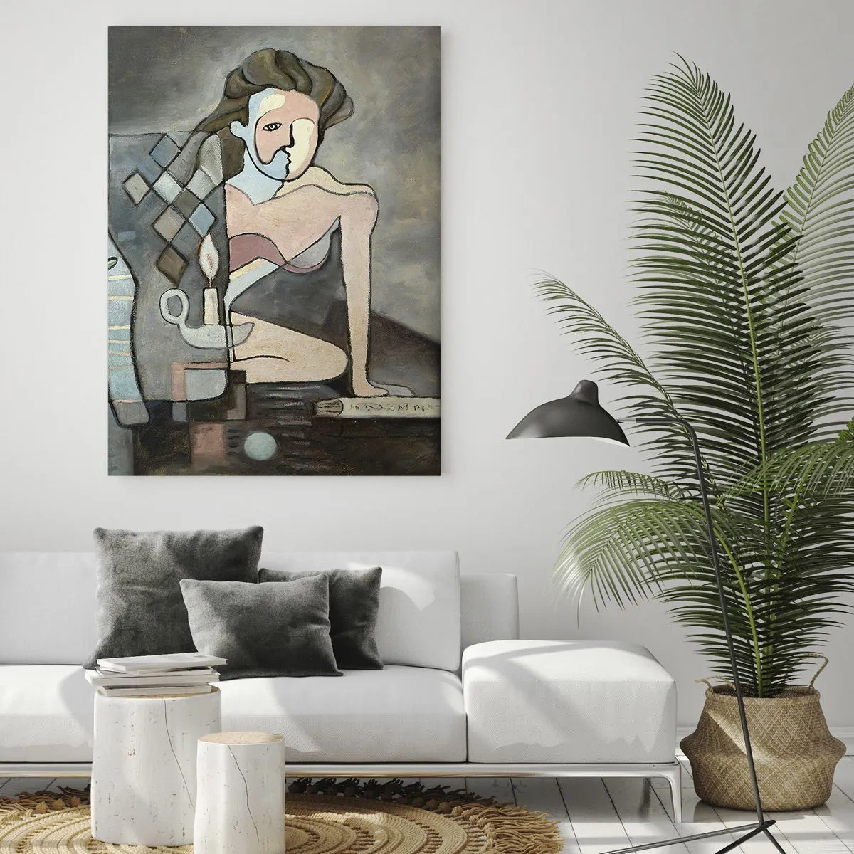 Obraz na szkle - Abstrakcyjna scena z dwoma postaciami w kubistycznym stylu - 50x70cm - Mozaika ducha i materii - Nowoczesna dekoracja ścienna do salonu, kuchni i sypialni ARTTOR