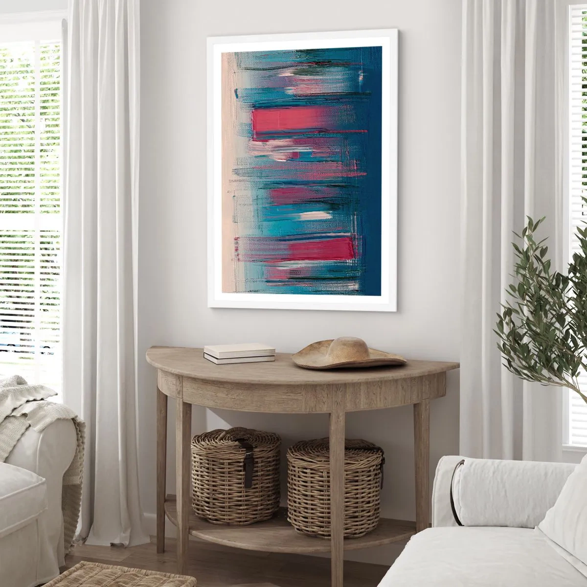 Plakat w białej ramie - Kompozycja wertykalna w błękicie i czerwieni - 40x50 cm
