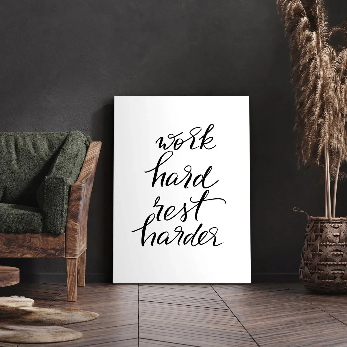 Obraz na płótnie - Napis Work Hard Rest Harder na białym tle - 50x70cm - Życiowa równowaga - Nowoczesna dekoracja ścienna do salonu, kuchni i sypialni ARTTOR