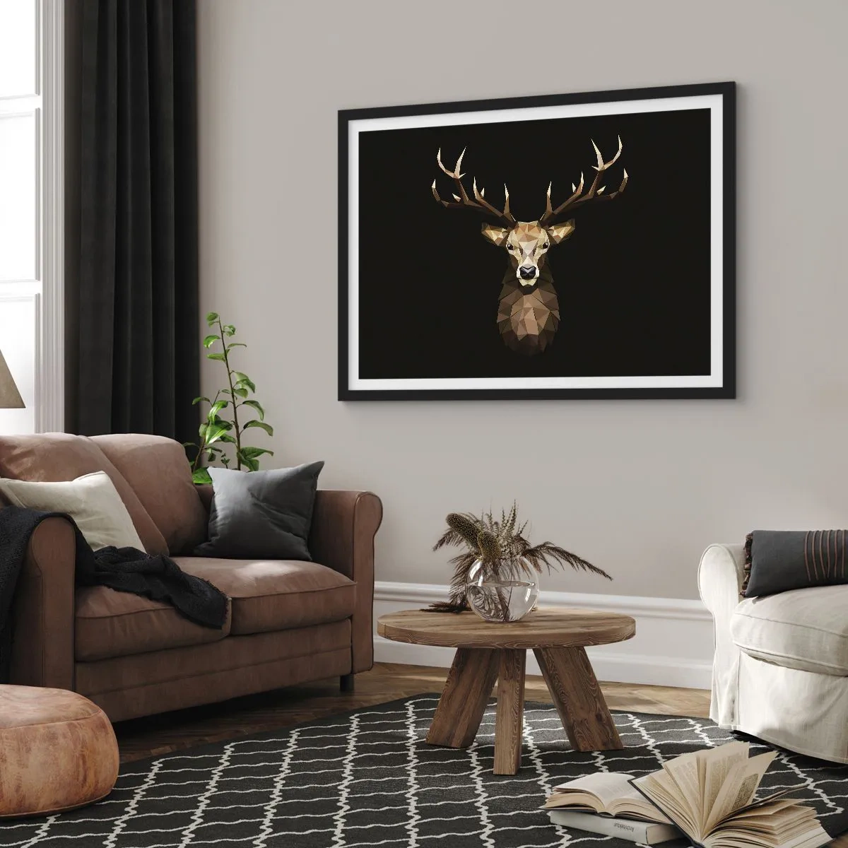 Plakat w czarnej ramie - Geometryczny jeleń z wielokątów na czarnym tle - 70x50cm - Kubistyczny jeleń - Nowoczesna dekoracja ścienna do salonu i sypialni ARTTOR