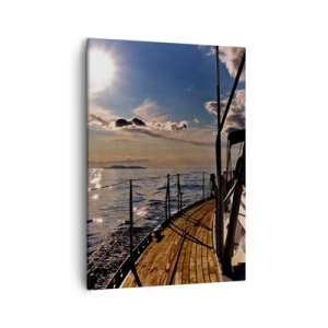 Obraz na płótnie - Żaglówka na spokojnym morzu w promieniach zachodzącego słońca - 50x70cm - Pod żaglami w stronę słońca - Nowoczesna dekoracja ścienna do salonu, kuchni i sypialni ARTTOR