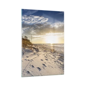 Obraz na szkle - Piaszczysta plaża o zachodzie słońca z trawami przy wydmie - 50x70cm - Zaproszenie na spacer - Nowoczesna dekoracja ścienna do salonu, kuchni i sypialni ARTTOR