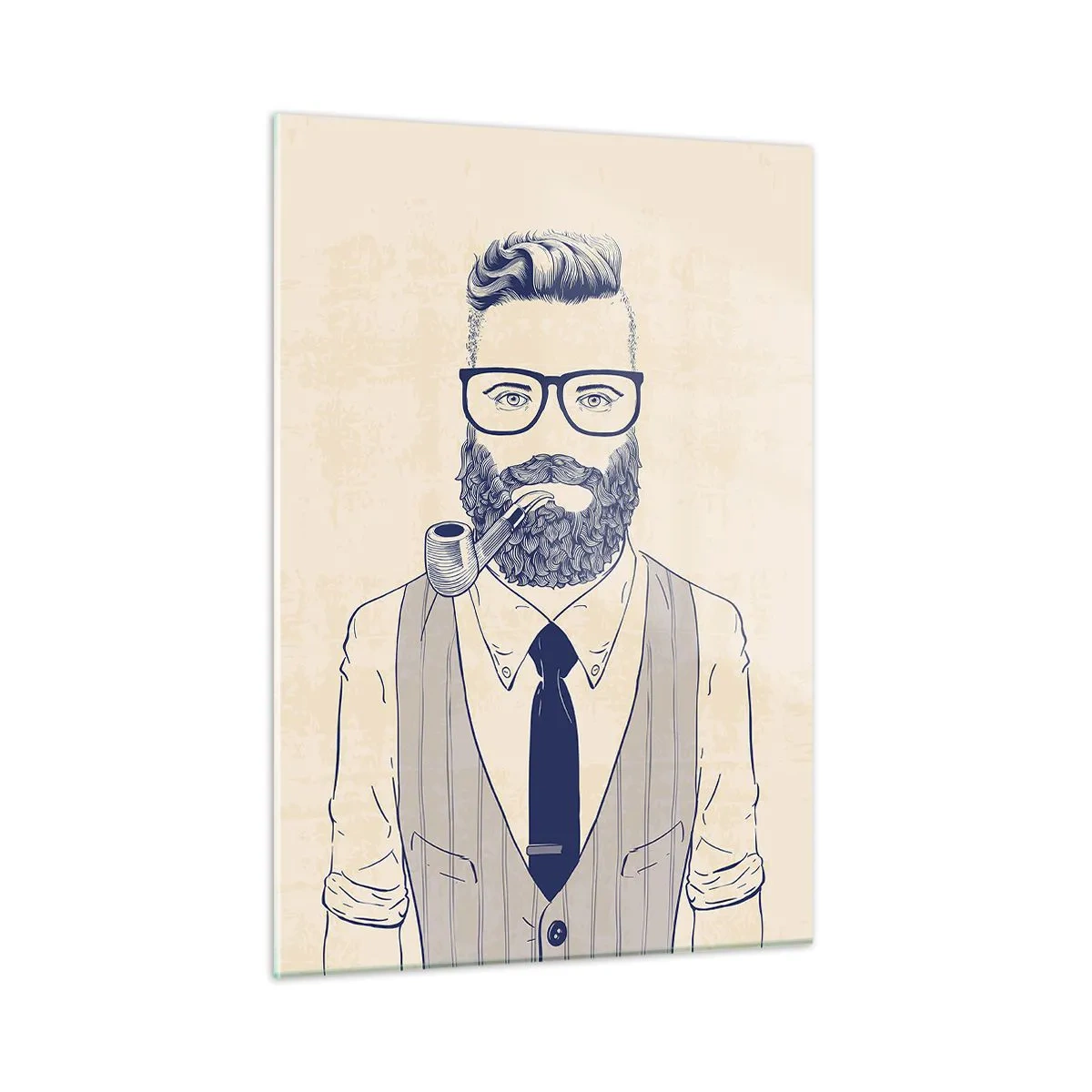 Obraz na szkle - Stylizowany mężczyzna z brodą, w okularach i z fajką, na jasnym tle - 50x70cm - Pogodny, męski i modny - Nowoczesna dekoracja ścienna do salonu, kuchni i sypialni ARTTOR