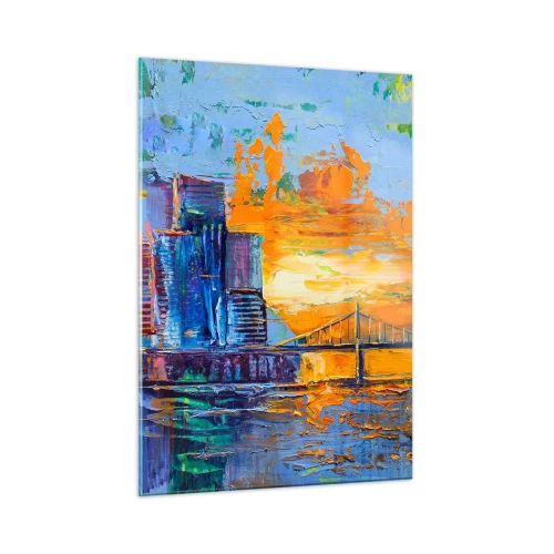 Obraz na szkle - Kolorowe miasto i most w blasku zachodzącego słońca - 50x70cm - Kultura i natura - Nowoczesna dekoracja ścienna do salonu, kuchni i sypialni ARTTOR