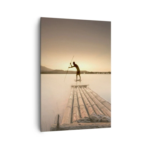 Obraz na płótnie - Człowiek na tratwie o zachodzie słońca - 70x100cm - Przed spoczynkiem - Nowoczesna dekoracja ścienna do salonu i sypialni ARTTOR