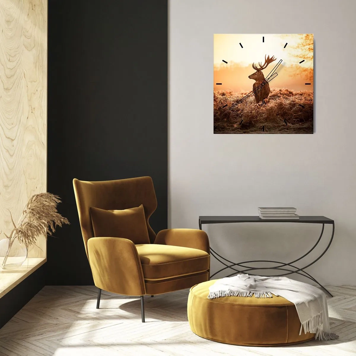 Zegar ścienny - Jeleń w promieniach wschodzącego słońca - 30x30cm - Pan na włościach - Nowoczesna dekoracja ścienna do salonu i sypialni ARTTOR