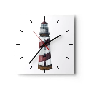 Zegar ścienny - Rysunkowy obraz latarni morskiej z czerwono-białymi pasami na minimalistycznym tle - 30x30cm - Zawsze na straży - Nowoczesna dekoracja ścienna do salonu i sypialni ARTTOR