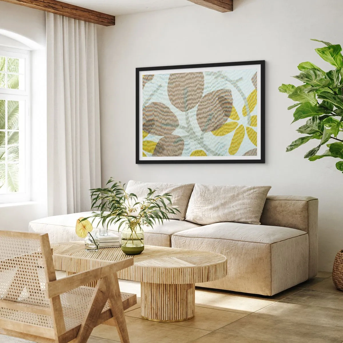 Plakat w czarnej ramie - Abstrakcyjne liście w odcieniach beżu i żółci - 70x50cm - Kompozycja w pełnym słońcu - Nowoczesna dekoracja ścienna do salonu i sypialni ARTTOR