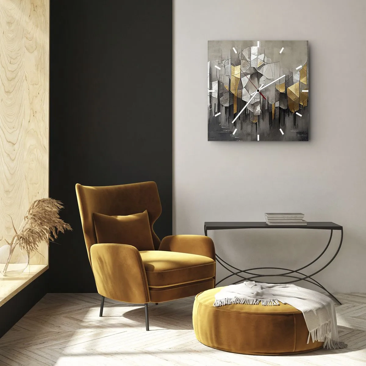 Zegar ścienny - Geometryczna abstrakcja w odcieniach złota i szarości - 30x30cm - Kompozycja z lodu i światła - Nowoczesna dekoracja ścienna do salonu i sypialni ARTTOR