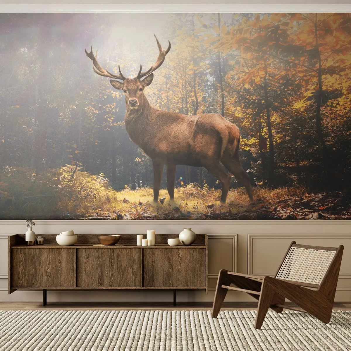 Fototapeta Premium Sand - Dostojny jeleń w jesiennym lesie oświetlonym promieniami słońca - 100x70cm - W pełnym majestacie - Nowoczesna dekoracja ścienna do salonu, kuchni i sypialni ARTTOR