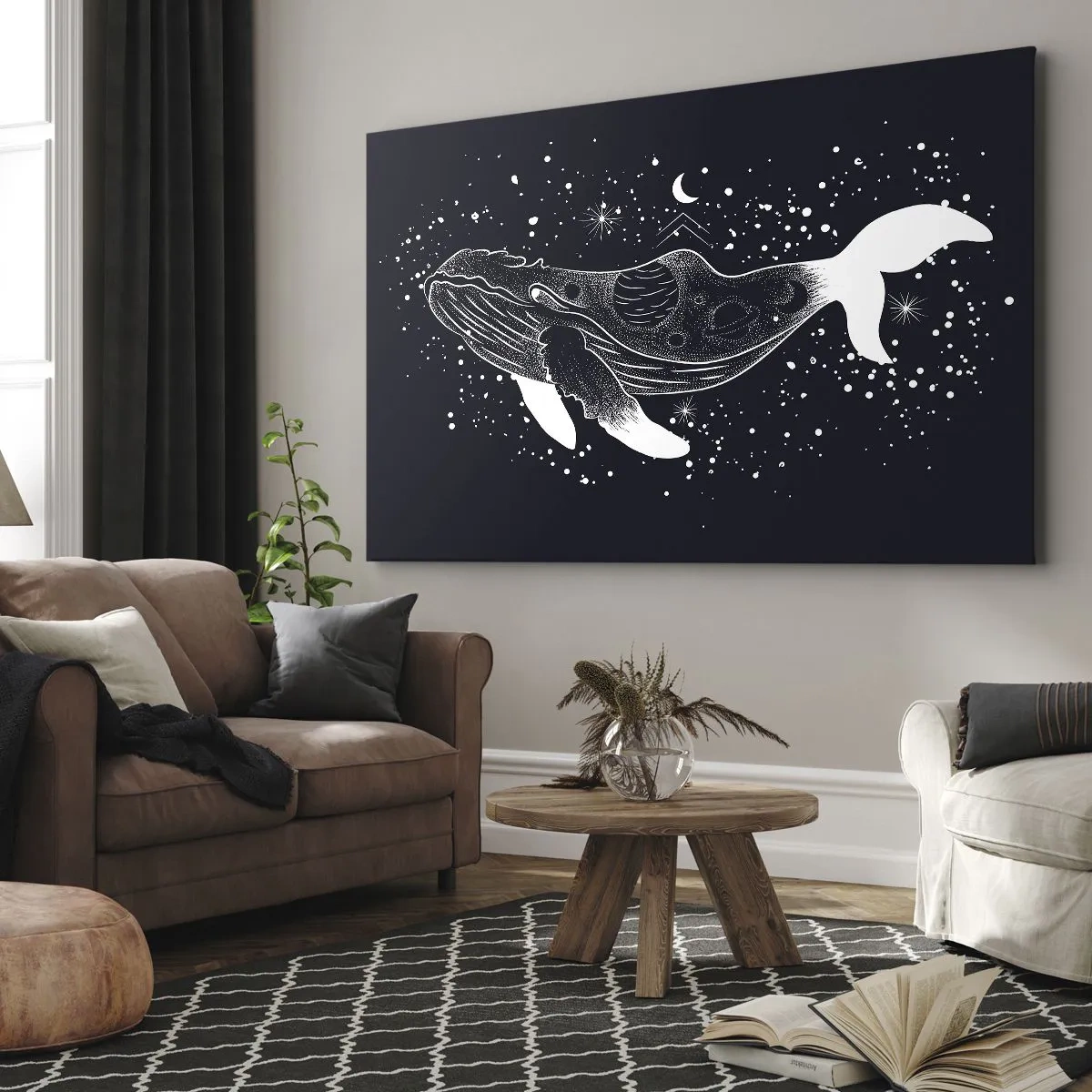 Obraz na płótnie - Graficzna ilustracja wieloryba w kosmicznym stylu - 70x50cm - W oceanie wszechświata - Nowoczesna dekoracja ścienna do salonu i sypialni ARTTOR