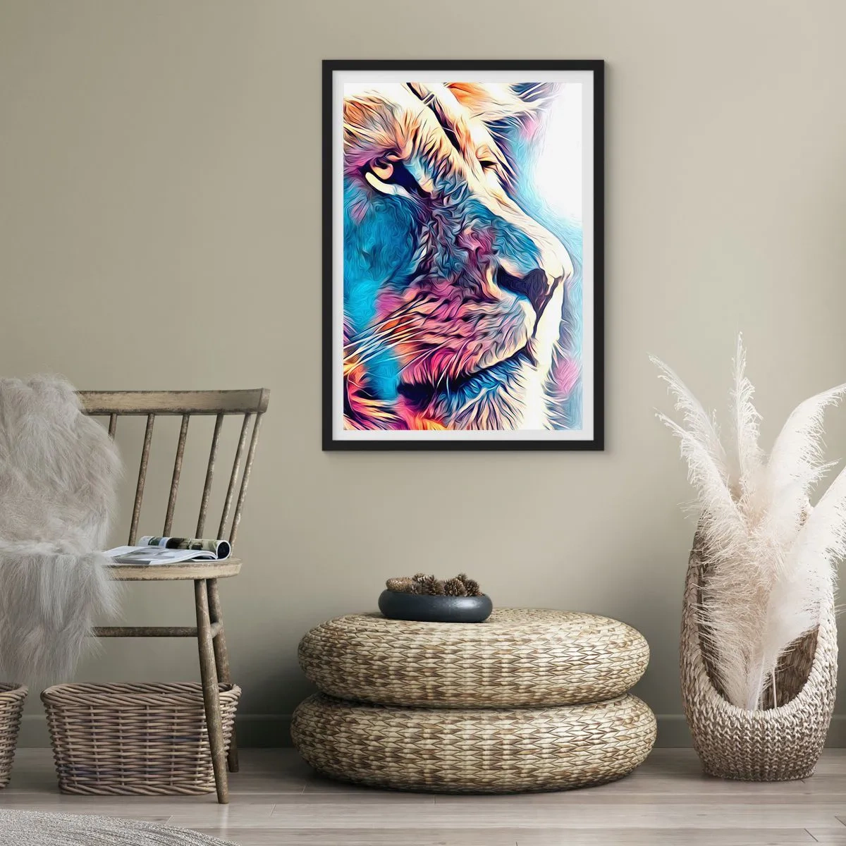Plakat w czarnej ramie - Kolorowy portret lwa w artystycznym stylu z intensywnymi barwami - 50x70cm - Mądrość natury - Nowoczesna dekoracja ścienna do salonu i sypialni ARTTOR