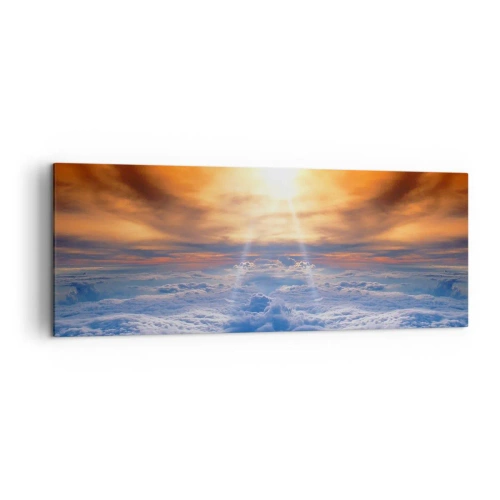 Obraz na płótnie - Zachód słońca nad chmurami, niebo pełne złotych barw i światła. - 140x50cm - Pejzaż mistyczny - Nowoczesna dekoracja ścienna do salonu i sypialni ARTTOR