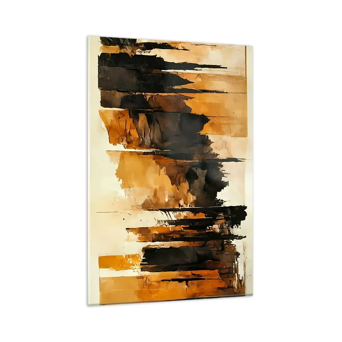 Obraz na szkle - Abstrakcyjne złote i czarne pasy w artystycznej kompozycji - 80x120cm - Harmonia czerni i złota - Nowoczesna dekoracja ścienna do salonu i sypialni ARTTOR