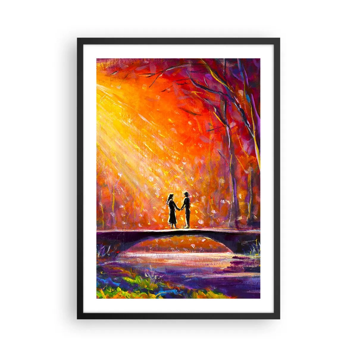 Plakat w czarnej ramie - Para na moście w otoczeniu kolorowego pejzażu - 50x70cm - Niebo ich też kocha - Nowoczesna dekoracja ścienna do salonu i sypialni ARTTOR