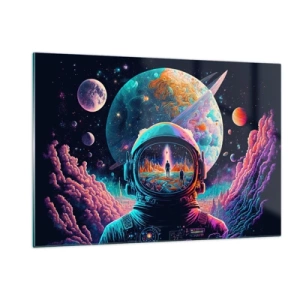 Obraz na szkle - Kosmiczny pejzaż z astronautą i surrealistyczną planetą - 120x80cm - Filozofom się nie śniło - Nowoczesna dekoracja ścienna do salonu, kuchni i sypialni ARTTOR