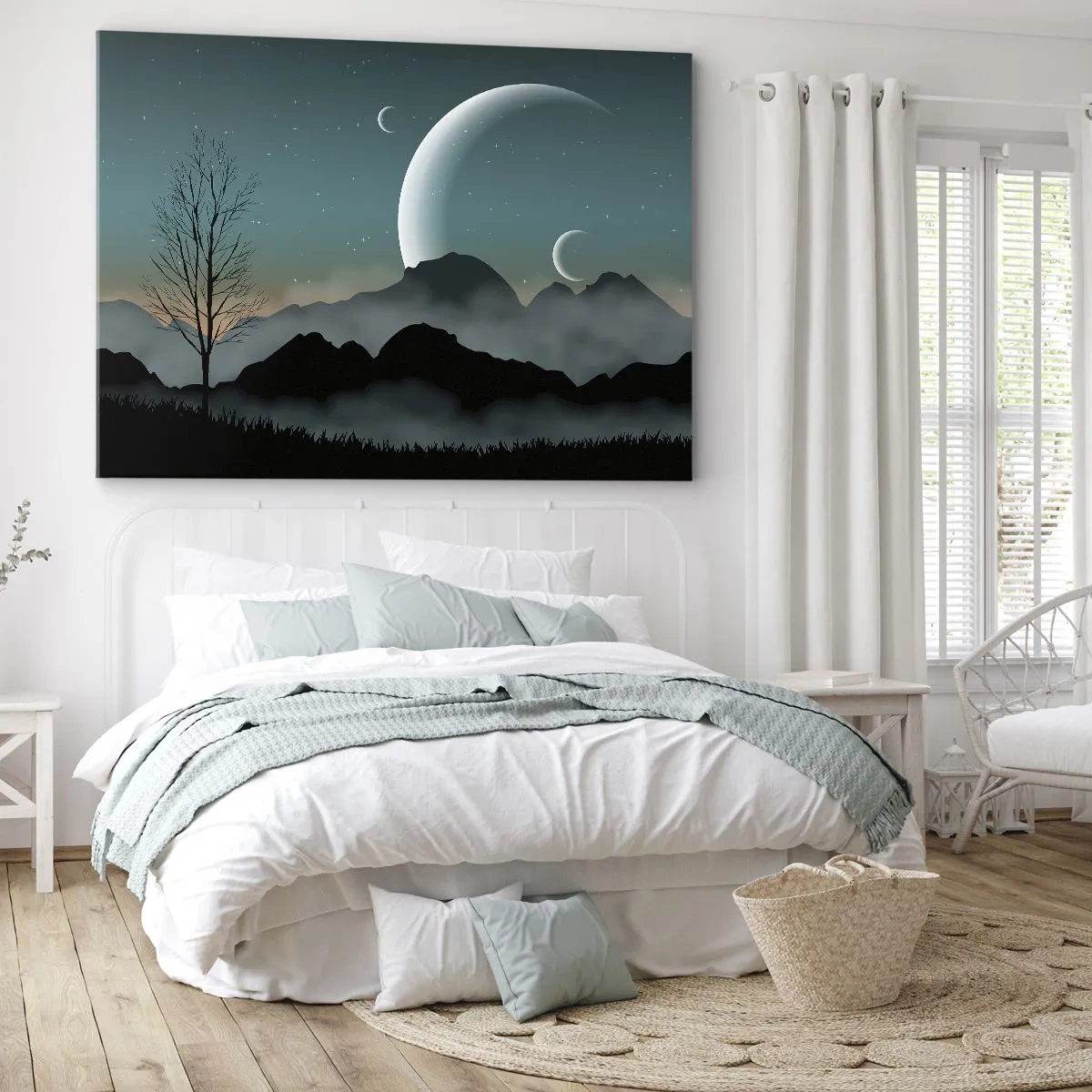 Obraz na płótnie - Mgliste góry z księżycem i samotnym drzewem - 70x50cm - Karnawał gwiaździstej nocy - Nowoczesna dekoracja ścienna do salonu i sypialni ARTTOR