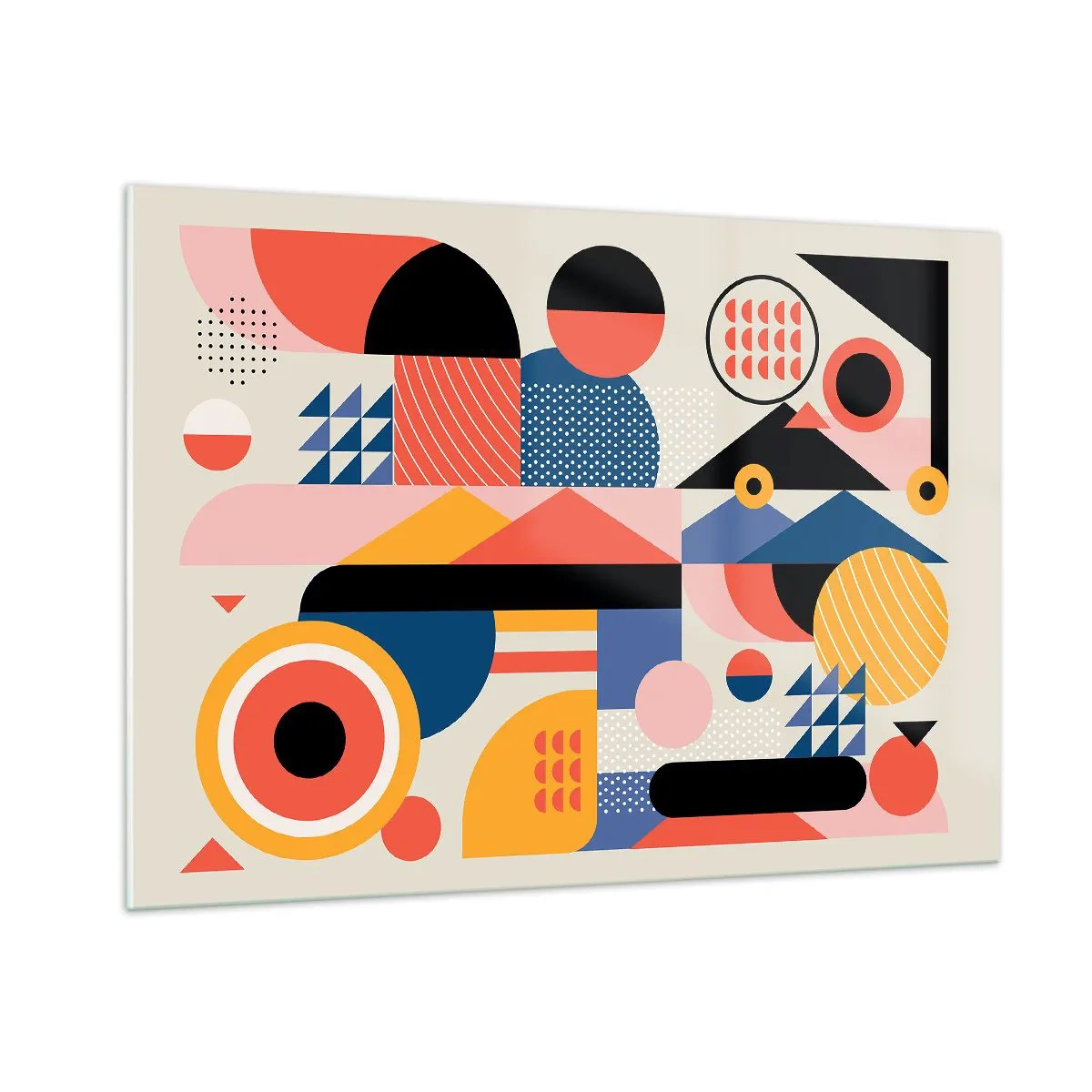 Obraz na szkle - Kolorowa abstrakcja geometryczna z kół i trójkątów - 100x70cm - Kompozycja: pobaw się - Nowoczesna dekoracja ścienna do salonu, kuchni i sypialni ARTTOR