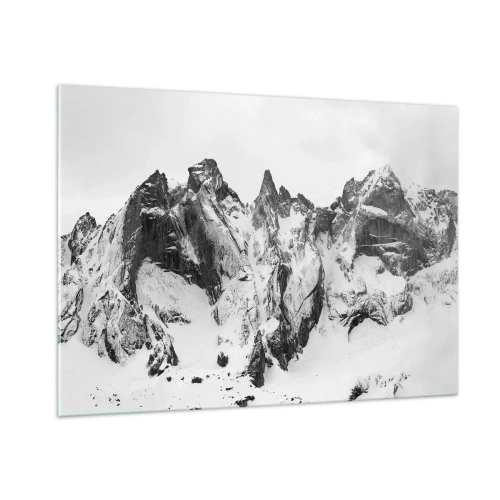Obraz na szkle - Czarno-białe ośnieżone górskie szczyty - 100x70cm - Granitowa groźna grań - Nowoczesna dekoracja ścienna do salonu, kuchni i sypialni ARTTOR