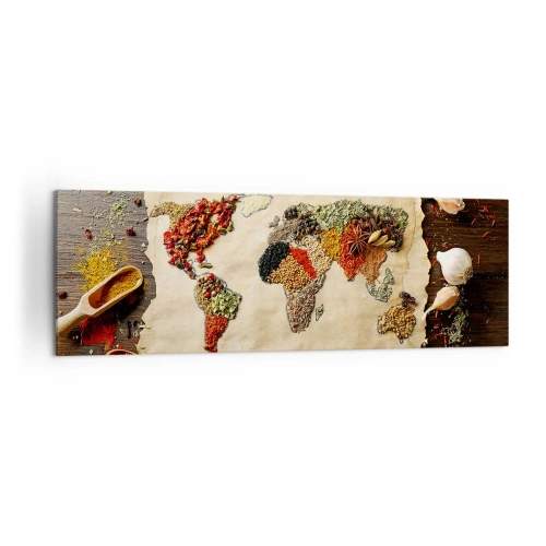 Obraz na płótnie - Mapa świata wykonana z przypraw na drewnianym tle - 160x50cm - Wszystkie smaki świata - Nowoczesna dekoracja ścienna do salonu i sypialni ARTTOR