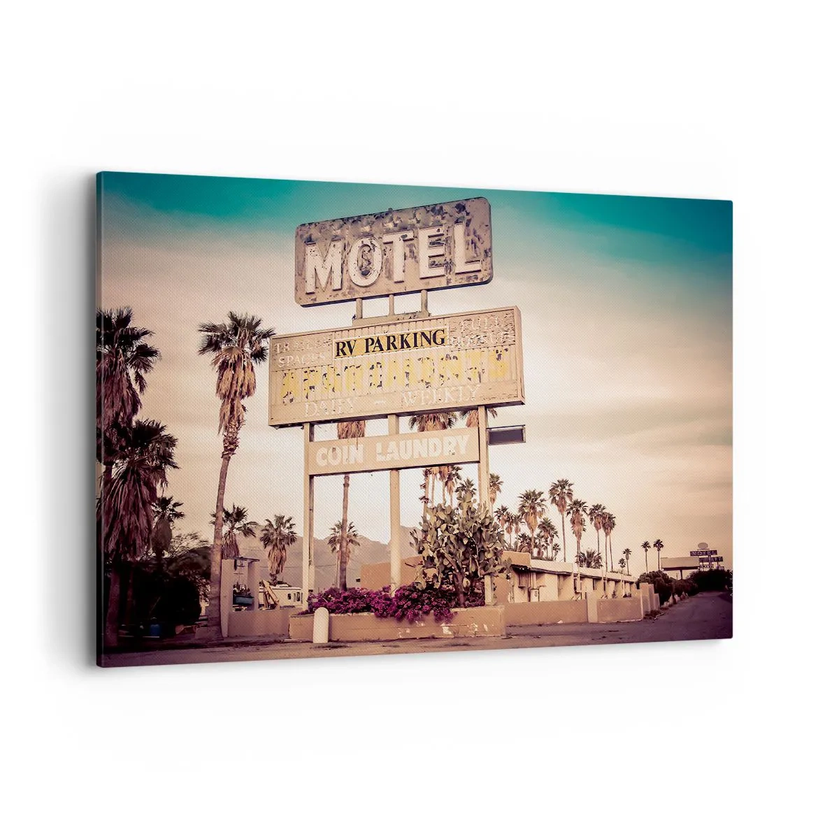 Obraz na płótnie - Retro szyld motelu otoczonego palmami - 100x70cm - Tu czas się zatrzymał - Nowoczesna dekoracja ścienna do salonu, kuchni i sypialni ARTTOR