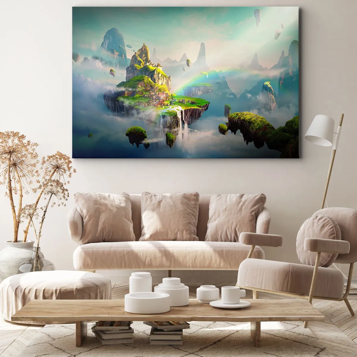 Obraz na płótnie - Śródniebie - wyspy szczęśliwe - Latające wyspy wśród chmur z tęczą na horyzoncie - 70x50cm