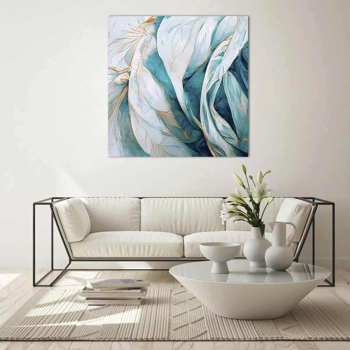Obraz na szkle - Błękitna abstrakcja z motywem złota - 70x70 cm