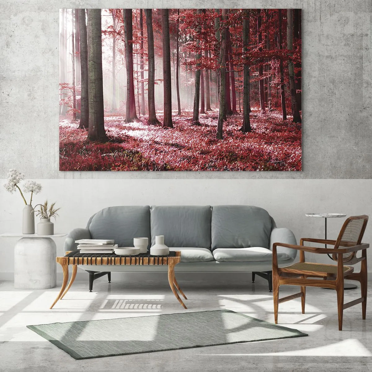Obraz na szkle - Zachwycający las w czerwonych barwach z promieniami światła przenikającymi przez drzewa - 120x50cm - Czerwony równie piękny - Nowoczesna dekoracja ścienna do salonu i sypialni ARTTOR