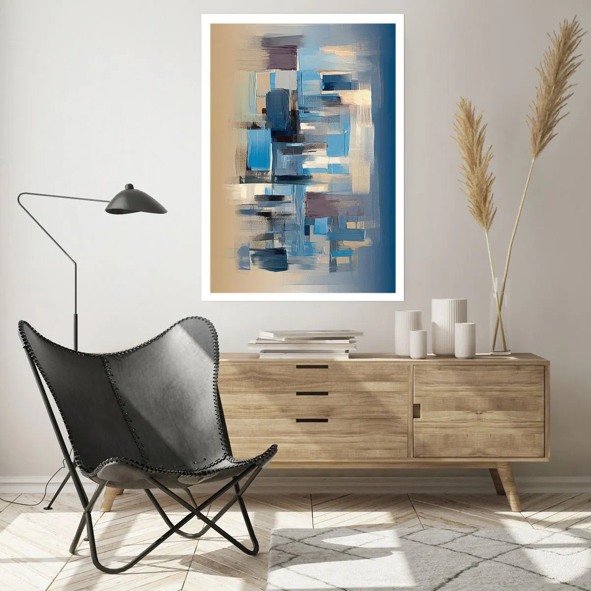 Plakat - Abstrakcyjna kompozycja geometryczna w odcieniach niebieskiego - 50x70cm - Błękitna konstrukcja - Nowoczesna dekoracja ścienna do salonu, kuchni i sypialni ARTTOR