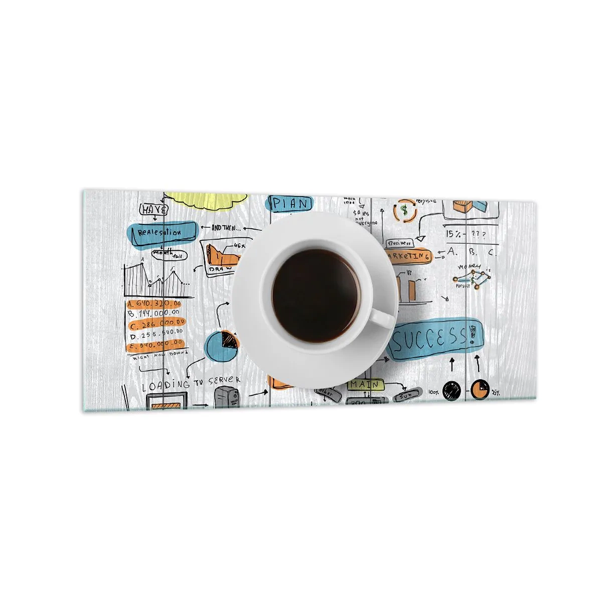 Obraz na szkle - Filiżanka kawy na tle rysunkowego planu koncepcyjnego - 120x50cm - Czas na przerwę - Nowoczesna dekoracja ścienna do salonu i sypialni ARTTOR