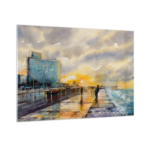 Obraz na szkle - Miasto nadmorskie w akwareli z zachodem słońca - 100x70cm - Życie na brzegu - Nowoczesna dekoracja ścienna do salonu, kuchni i sypialni ARTTOR