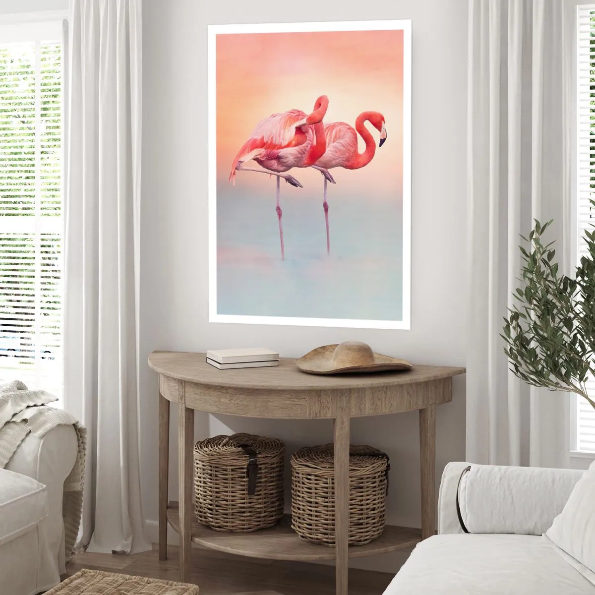 Plakat - Flamingi na tle pastelowego zachodu słońca - 50x70cm - W kolorze zachodzącego słońca - Nowoczesna dekoracja ścienna do salonu, kuchni i sypialni ARTTOR