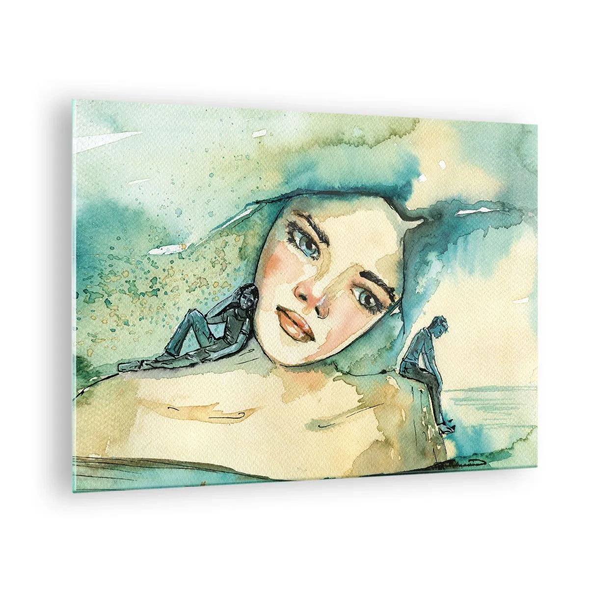 Obraz na szkle - Portret kobiety w akwarelowym stylu z sylwetkami postaci - 70x50cm - Am I blue? - Nowoczesna dekoracja ścienna do salonu i sypialni ARTTOR