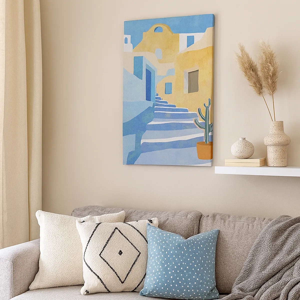 Obraz na płótnie - Ilustracja śródziemnomorskiej architektury w ciepłych barwach - 50x70cm - Dzień w arabskim mieście - Nowoczesna dekoracja ścienna do salonu, kuchni i sypialni ARTTOR