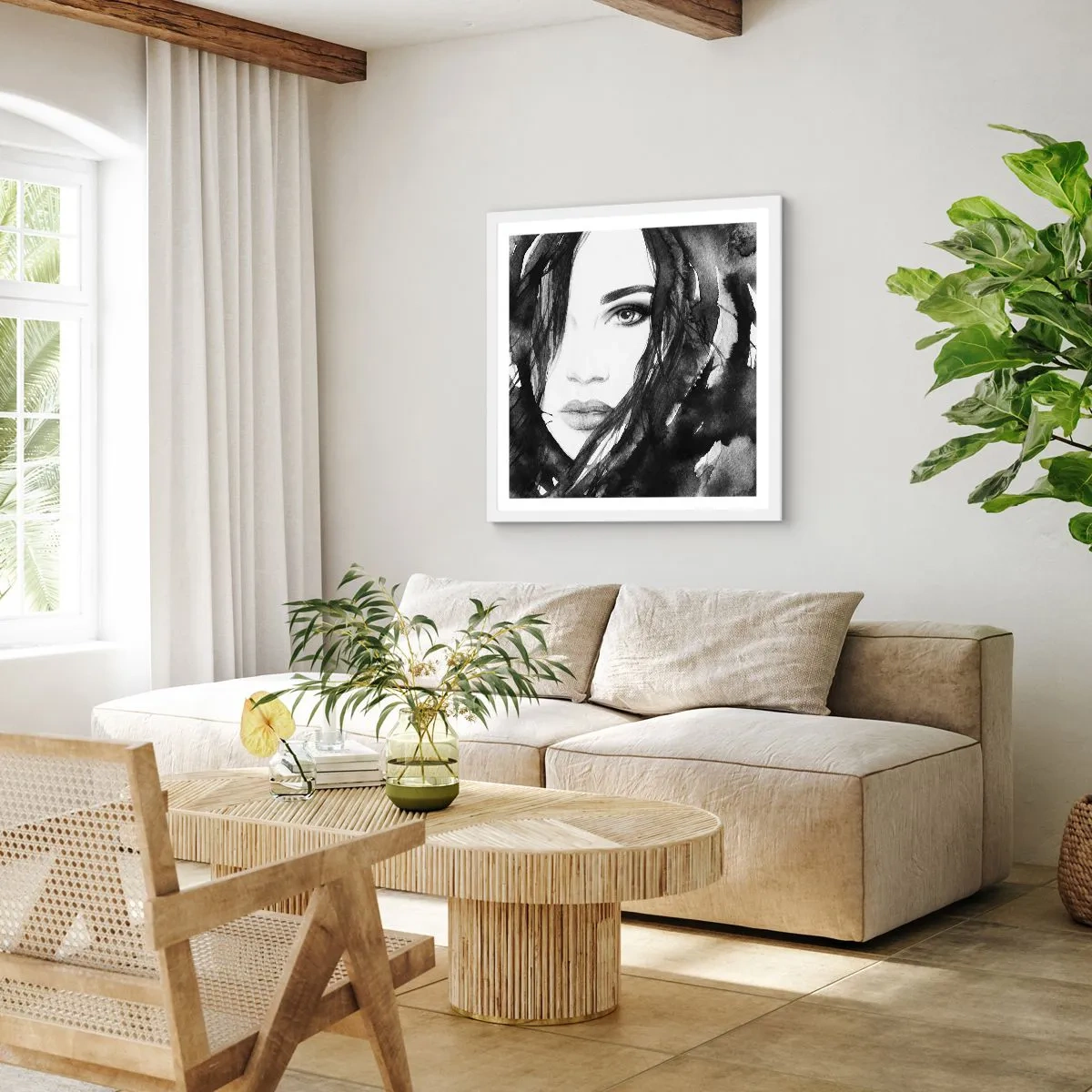 Plakat w białej ramie - Portret damy w czerni i bieli - 60x60 cm