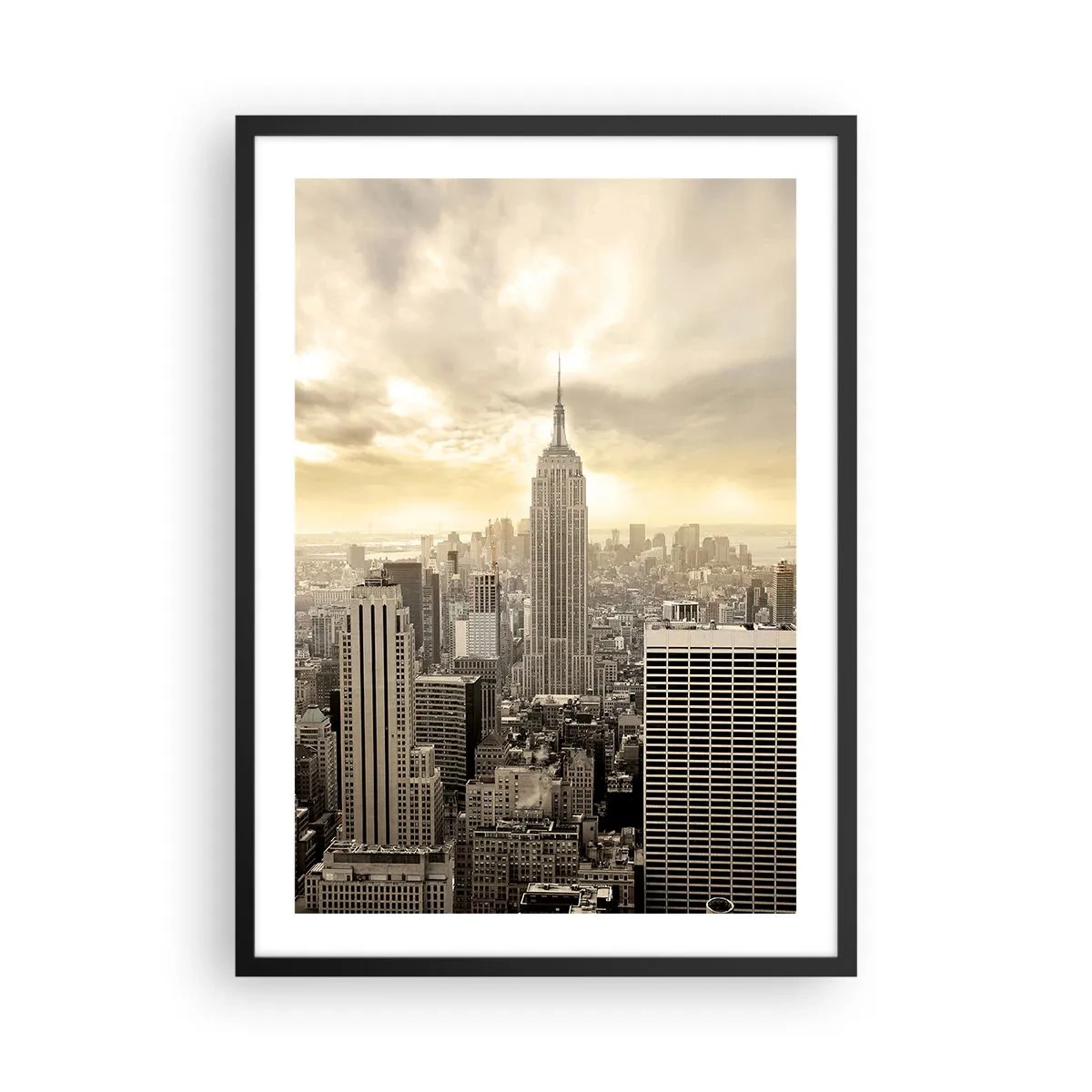 Plakat w czarnej ramie - Panorama Nowego Jorku z wieżowcem Empire State Building - 50x70cm - Nowy Jork utkany z szarości - Nowoczesna dekoracja ścienna do salonu i sypialni ARTTOR