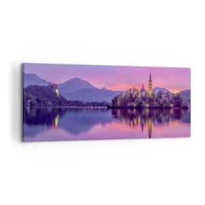 Obraz na płótnie - Jezioro z wyspą i kościołem o zachodzie słońca - 120x50cm - Bajkowa wyspa o zmierzchu  - Nowoczesna dekoracja ścienna do salonu i sypialni ARTTOR