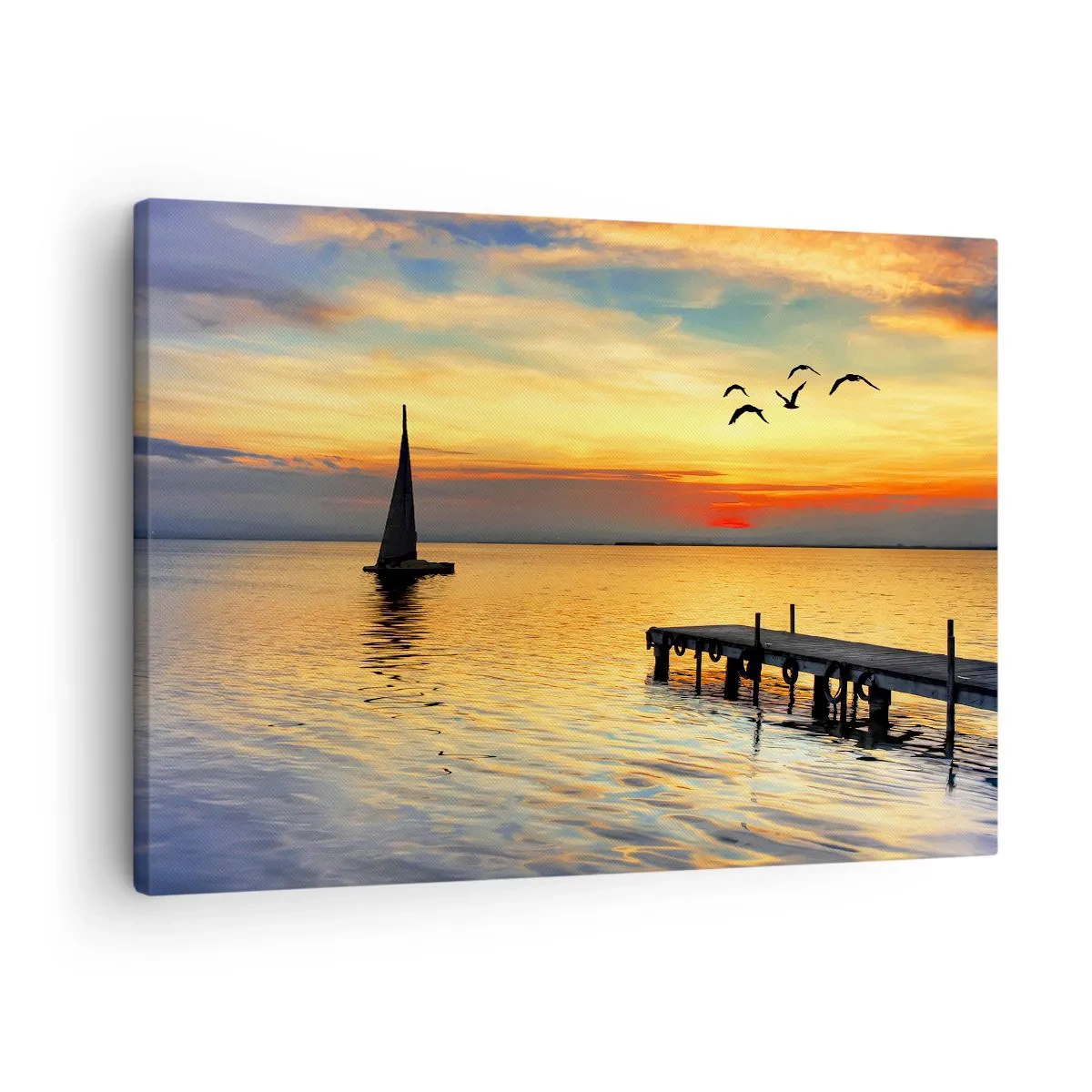 Obraz na płótnie - Zachód słońca z żaglówką i molo nad spokojnym jeziorem - 70x50cm - Wieczorne powroty - Nowoczesna dekoracja ścienna do salonu i sypialni ARTTOR