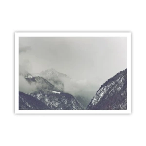 Plakat - Górska dolina spowita mgłą w odcieniach szarości - 100x70cm - Omglona dolina - Nowoczesna dekoracja ścienna do salonu i sypialni ARTTOR
