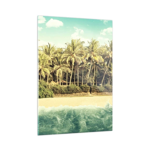 Obraz na szkle - Egzotyczna plaża z palmami i turkusowym morzem w słoneczny dzień - 50x70cm - A może tutaj? - Nowoczesna dekoracja ścienna do salonu, kuchni i sypialni ARTTOR